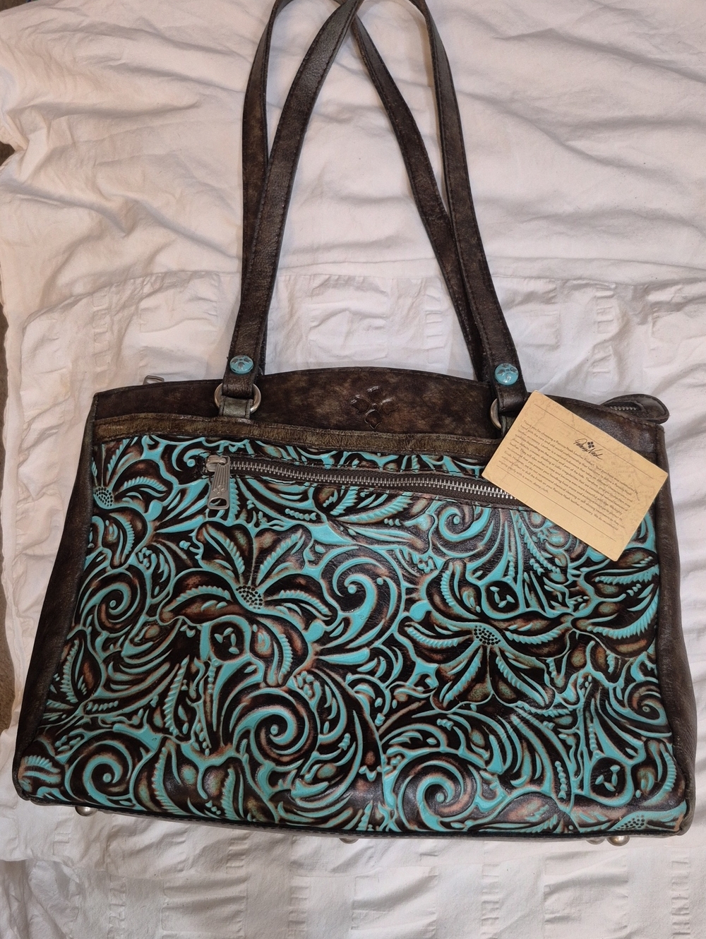Patricia Nash Tooled Floral Leather Shoulder Bag in Turquoise and Brown